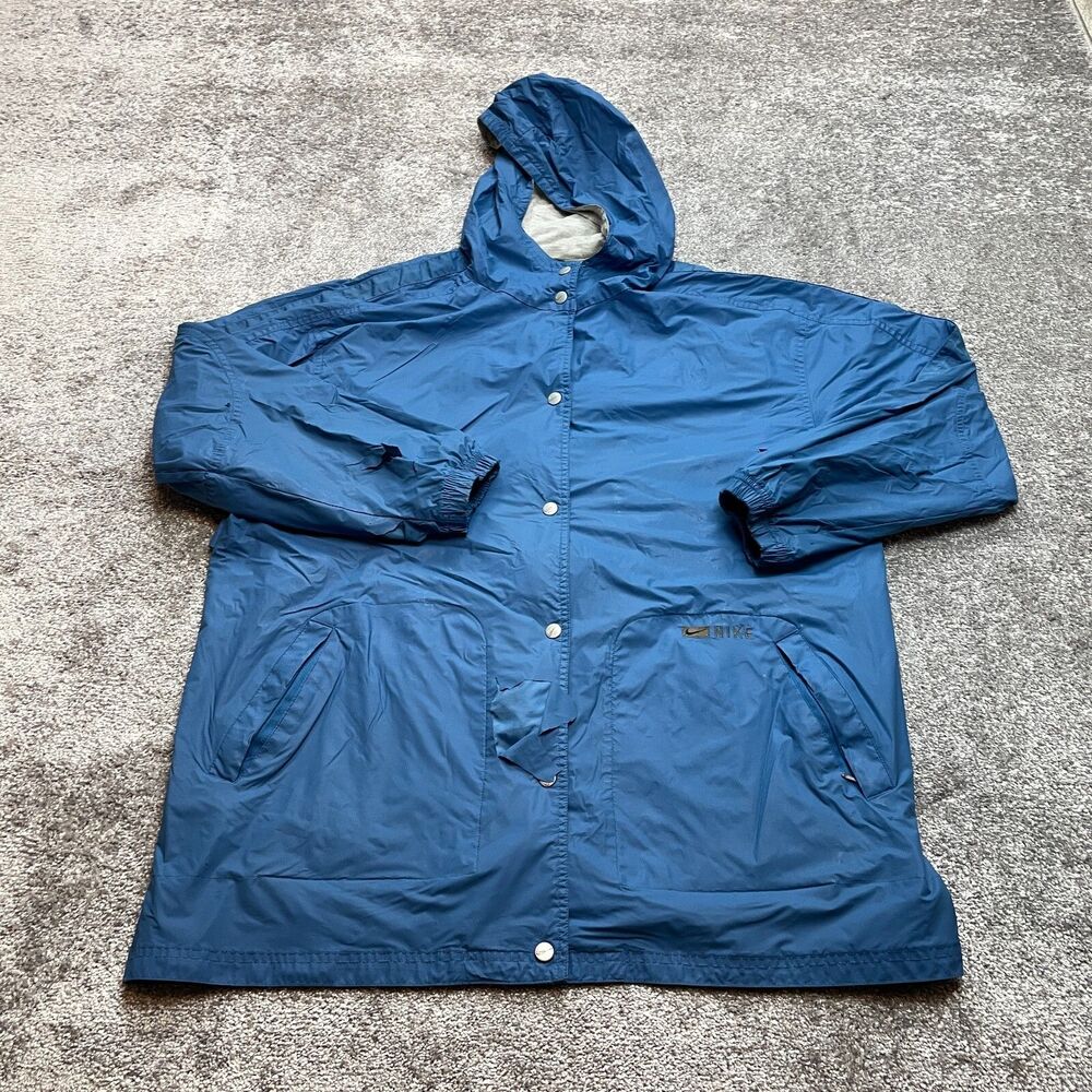 Nike Rain Coat Jacket womens XL 16-18 Blue Hooded Snap Button Windbreaker Pocket